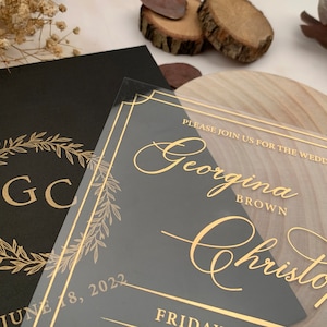 INVITACIÓN DE BODA DE ACRÍLICO con sobre negro / tema de lámina de oro / invitaciones de ceremonia / invitación de acrílico cuadrado / clásico / E007