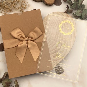 Invitación de BODA ACRÍLICO CLARO / Manga beige francesa con cinta / Invitación de boda con lámina de oro / Invitación de boda minimalista 85833