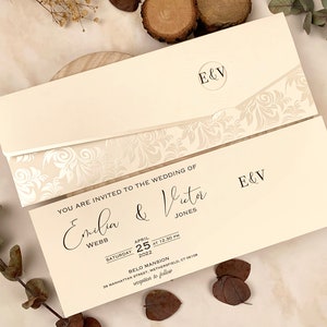 Boho Hochzeitseinladung | Blumen bestickter Umschlag | Hochzeitseinladungen |  QR-Code kann der Einladung hinzugefügt werden | 52550