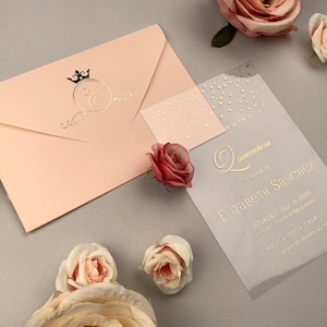 Quinceanera e doce dezesseis convites | Tema de fada com folha de ouro | CONVITE ACRÍLICO CLARO | Princesa Casamento Convite | 1006
