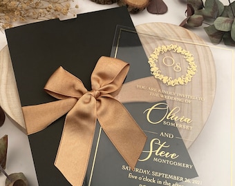 Clear Acrylic Invitation with Black Envelope | Gold foil invitation with burnt orange ribbons   | Wedding invitations elegant | E002