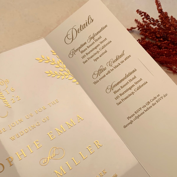 ALL IN ONE Wedding Invitation | Rsvp with Qr Code  | Online Rsvp Card and Acrylic Invitation with Gold Foil  | Clear Acrylic Invite | MD102