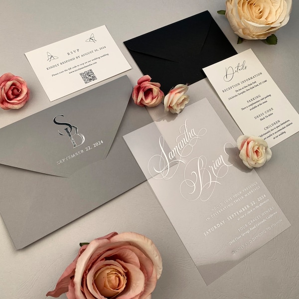 All in one SILVER WEDDING SUITE | Rsvp Card with Qr Code and Details Card | Silver foil with acrylic invitation  | Wedding invitation bundle