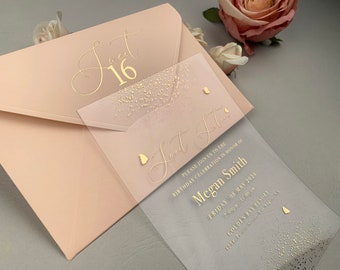 FAIRY DUST Sweet sixteen invitation set, Salmon color invitaiton with fairy dust, Gold foiled acrylic sweet sixteen invitation bundle | 1005