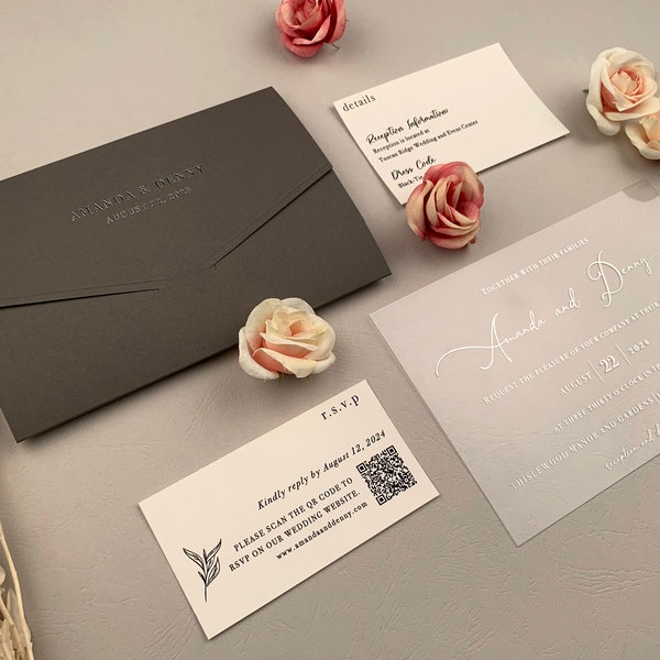 POCKETFOLD Wedding Invitation Suite | Clear Acrylic Invitation with QR code | Gray wedding invitation with rsvp and details cards | 1012