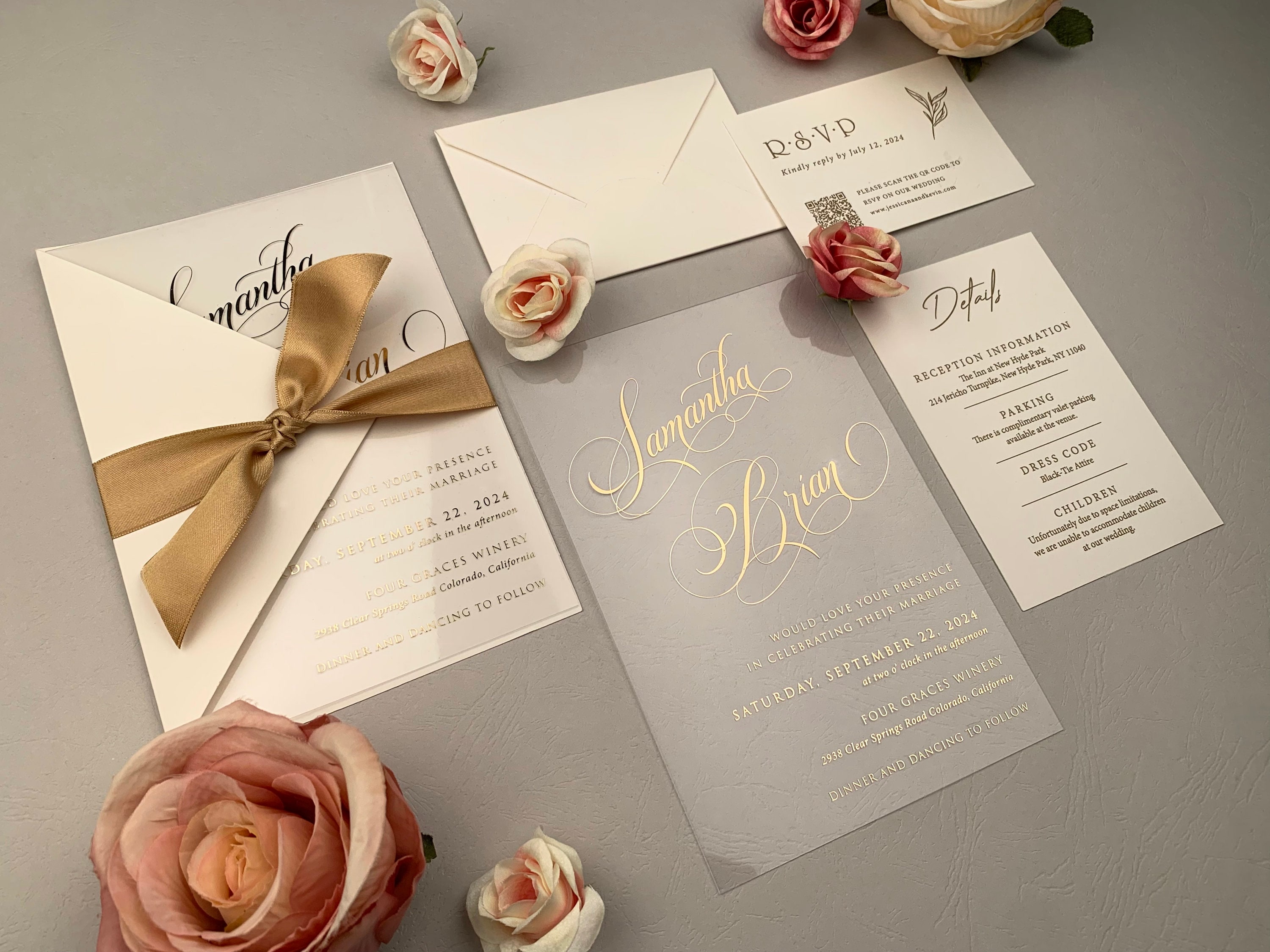 COMPLETE WEDDING SET | Acrylic Wedding Invitation with Details Card and Rsvp Card  | Wedding Stationery with Ribbon | Wedding Bundle | 1004