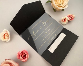 ALLES IN ÉÉN huwelijksuitnodiging met Qr-gecodeerde Rsvp-kaart en Details-kaart | Envelop met zak | Huwelijksuitnodigingsbundel | 1009