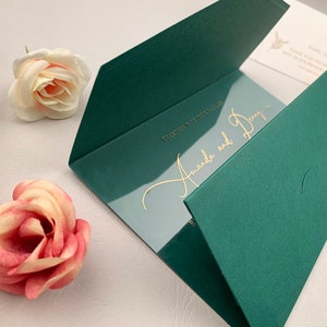 ALL IN ONE Wedding Inivitation | Clear Acrylic Invitation with Qr code | Green wedding invitation with pocket fold envelope | 1012