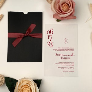 Minimalistische Acryl-Einladung mit schwarzem Umschlag | Rote Schriftzüge inviation | Hochzeitseinladungen mit rotem Band | A004