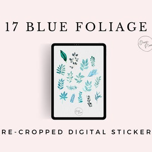17 Watercolor Blue Foliage PRE-CROPPED PNG Digital Floral Stickers for iPad Digital Planner | Calendar Stickers | Goodnotes Stickers