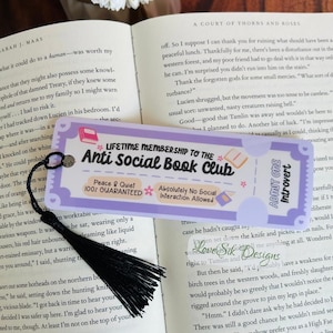 Anti-Social Book Club Lifetime Member Laminated Cardstock Bookmark, Cute Bookmark, Tassel Bookmark, Gift for Friend, Book Lover, Reader