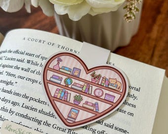 Heart Shaped Bookshelf Magnetic Bookmark: Laminated Book Lover Gift