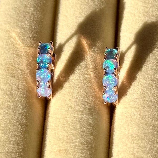 Opal Hoop Earrings, Opal Earrings Gold, Huggie Earrings, Blue Opal Earrings, October Birthstone Earrings, Gift for her, Christmas Gift Ideas
