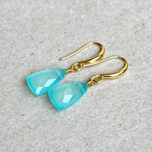 Aqua Chalcedony Dangle Earrings: 18K Gold Plated, March Birthstone
