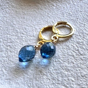London Blue Quartz Drop Earrings: 18K Gold Filled Huggies