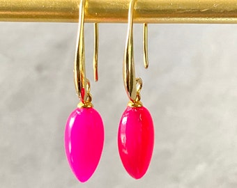Hot Pink Chalcedony Earrings: 18K Gold Filled Dangle Earrings