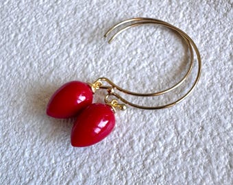Orecchini In Corallo Rosso E Oro - Argento 925 Placcato Oro 18kt - Made In Spain - Gioielli Donna Eleganti