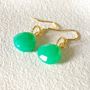 Chrysoprase Dangle Earrings: Gold Green Chalcedony, May Birthstone