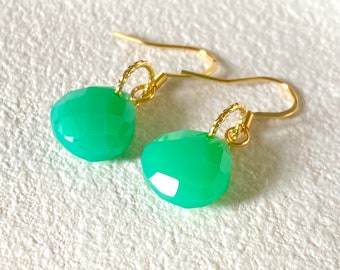 Chrysoprase Dangle Earrings: Gold Green Chalcedony, May Birthstone