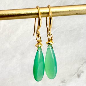Chrysoprase Dangle Earrings: 18K Gold Plated, Green Chalcedony