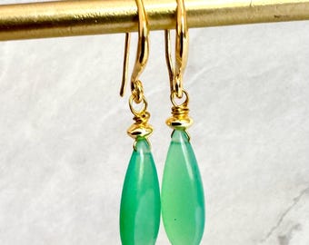 Chrysoprase Dangle Earrings: 18K Gold Plated, Green Chalcedony
