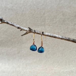 London Blue Quartz Teardrop Earrings: Dainty Gold Minimalist Style