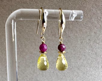 Natural Lemon Quartz & Ruby Earrings, Lemon Quartz Earrings, Gift for Her, Christmas Gift Ideas, April Birthstone Earrings Dainty Earrings
