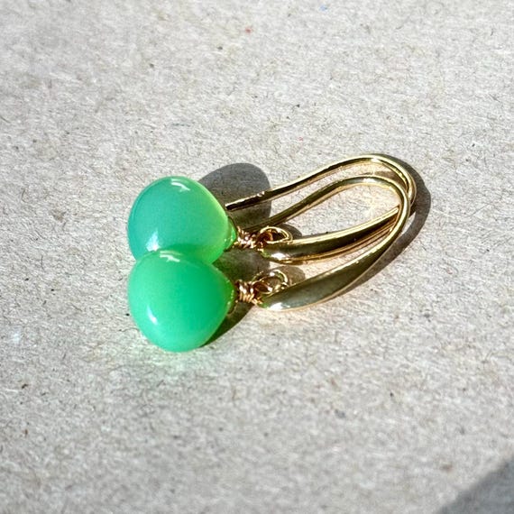Chrysoprase Gold Dangle Earrings: Green Chalcedony, May Birthstone