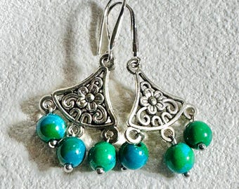 Chrysocolla Dangle Earrings: Silver Floral Design, 43mm