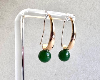 Orecchini Pendenti A Leva Handmade Con Perline Di Giada Placcate Oro, Nuovi Senza Etichette