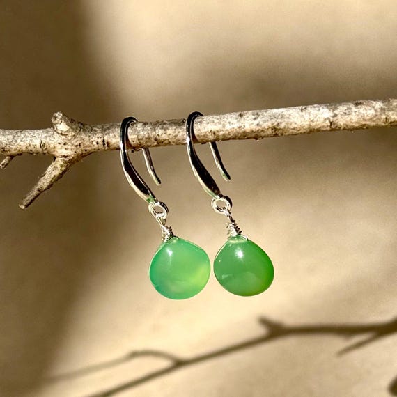 Chrysoprase Sterling Silver Dangle Earrings: Apple Green Chalcedony