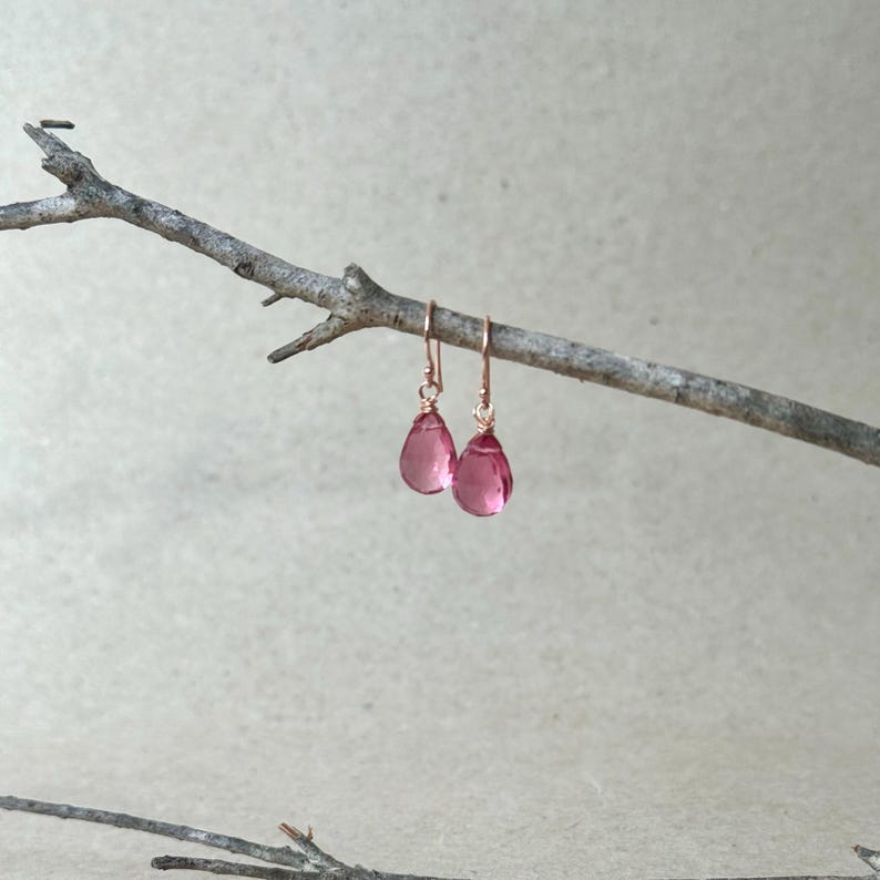 May include: A pair of pink teardrop earrings with rose gold hooks. The earrings are suspended from a small, brown branch against a neutral background. The earrings are a vibrant pink color and appear to be made of a translucent material.