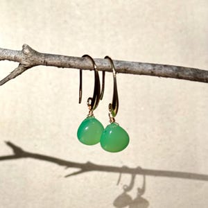 May include: A pair of green gemstone earrings with gold hooks. The earrings are hanging from a branch.