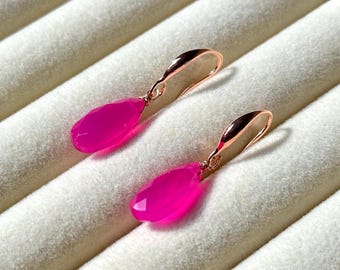 Hot Pink Chalcedony Rose Gold Dangle Earrings: 35mm Gemstone Jewelry
