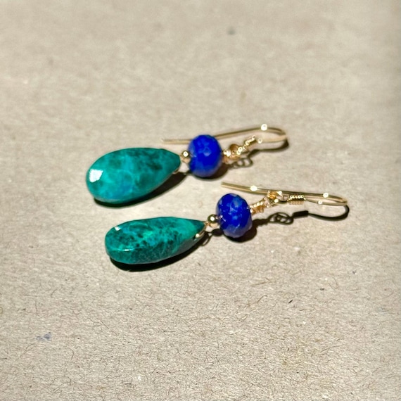 Chrysocolla & Lapis Lazuli Earrings: 14K Gold Filled, Birthstone Earrings, Christmas Gift Handmade Jewelry