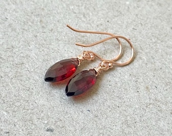 Dainty Garnet Drop Earrings, 14K Rose Gold Mozambique Garnet Earrings, Natural Garnet, Christmas Gift Ideas, January Birthstone Earrings