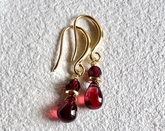 May include: A pair of gold dangle earrings with red gemstone drops. The earrings feature a small round gemstone at the top of each drop.