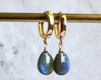 Labradorite Gold Hoop Earrings, Huggie Earrings, November Birthstone Gifts, Labradorite Earrings, Gift For Her, Christmas Gift Ideas