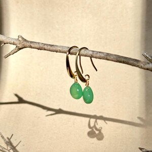 May include: A pair of gold hoop earrings with green gemstone drops. The earrings are hanging from a branch.