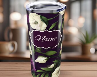 Custom Floral Purple and White Tumbler 20oz Stainless Vacuum-Insulated Botanical Travel Coffee Cup 3D flower Personalized Gift For Her