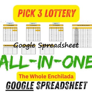 以下が含まれることがあります： 上部に「PICK 3 LOTTERY」というテキストが表示されたスプレッドシート。 スプレッドシートには、数字と「Google Spreadsheet」、「ALL-IN-ONE」、「The Whole Enchilada」というテキストを含む表が含まれています。