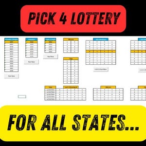 May include: A spreadsheet with a yellow and black title "PICK 4 LOTTERY" and a yellow and black footer "FOR ALL STATES..."  The spreadsheet contains columns of numbers, including "Straight Daily", "Double Trifecta", "2-Double", "Triple 1-Single", "Mirrors", "2021 Randoms", "2022 Randoms", "Date", "Last 5 Winning No.", "Winners", "Hips".