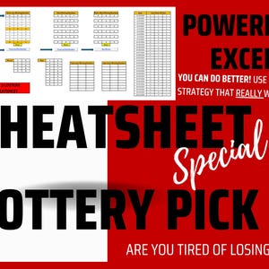 Könnte beinhalten: Eine rote und weiße Grafik mit schwarzem Text, der "POWERFUL EXCEL YOU CAN DO BETTER! USE A STRATEGY THAT REALLY WORKS CHEATSHEET Special LOTTERY PICK 3 ARE YOU TIRED OF LOSING?" lautet.