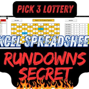 May include: An Excel spreadsheet with the text "Pick 3 Lottery" and "Excel Spreadsheet Rundowns Secret" in red and white. The spreadsheet displays numbers and a rundown system, with a section labeled "Mirrors."