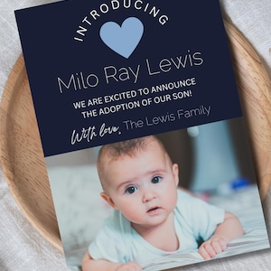 Baby Boy Adoption Announcement, Navy Blue Adoption, Digital Adoption Announcement (Editable Template via Canva)