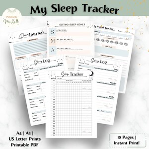 May include: A printable PDF sleep tracker with 10 pages. The pages include a sleep log, a mood tracker, a dream journal, and a sleep goal setting section. The pages are decorated with stars, moons, and clouds.