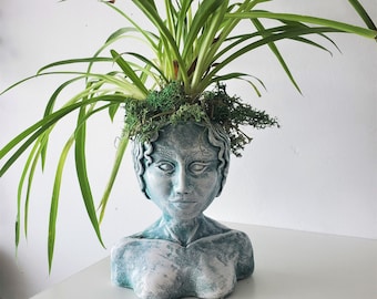 Handmade Stone Body Plant Pot | Mossy Green Sculpture of a Woman's Bust, with Hollow Head Planter, Perfect for Plants and Flowers