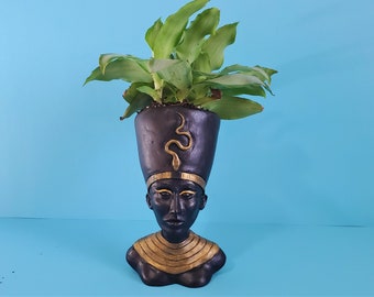 Handmade Stone Egyptian Plant Pot | Gold and Black Woman Bust/Body Sculpture with Hollow Hat Planter, Perfect for Plants and Flowers