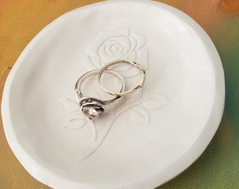 Handmade White Stone Ring Dish or Jewlery Holder with Rose Design
