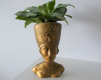 Handmade Stone Egyptian Plant Pot | Gold Woman Bust/Body Sculpture with Hollow Hat Planter, Perfect for Plants and Flowers